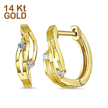14K Yellow Gold 4mm Thickness CZ Hoop Huggie Earrings (12mm)